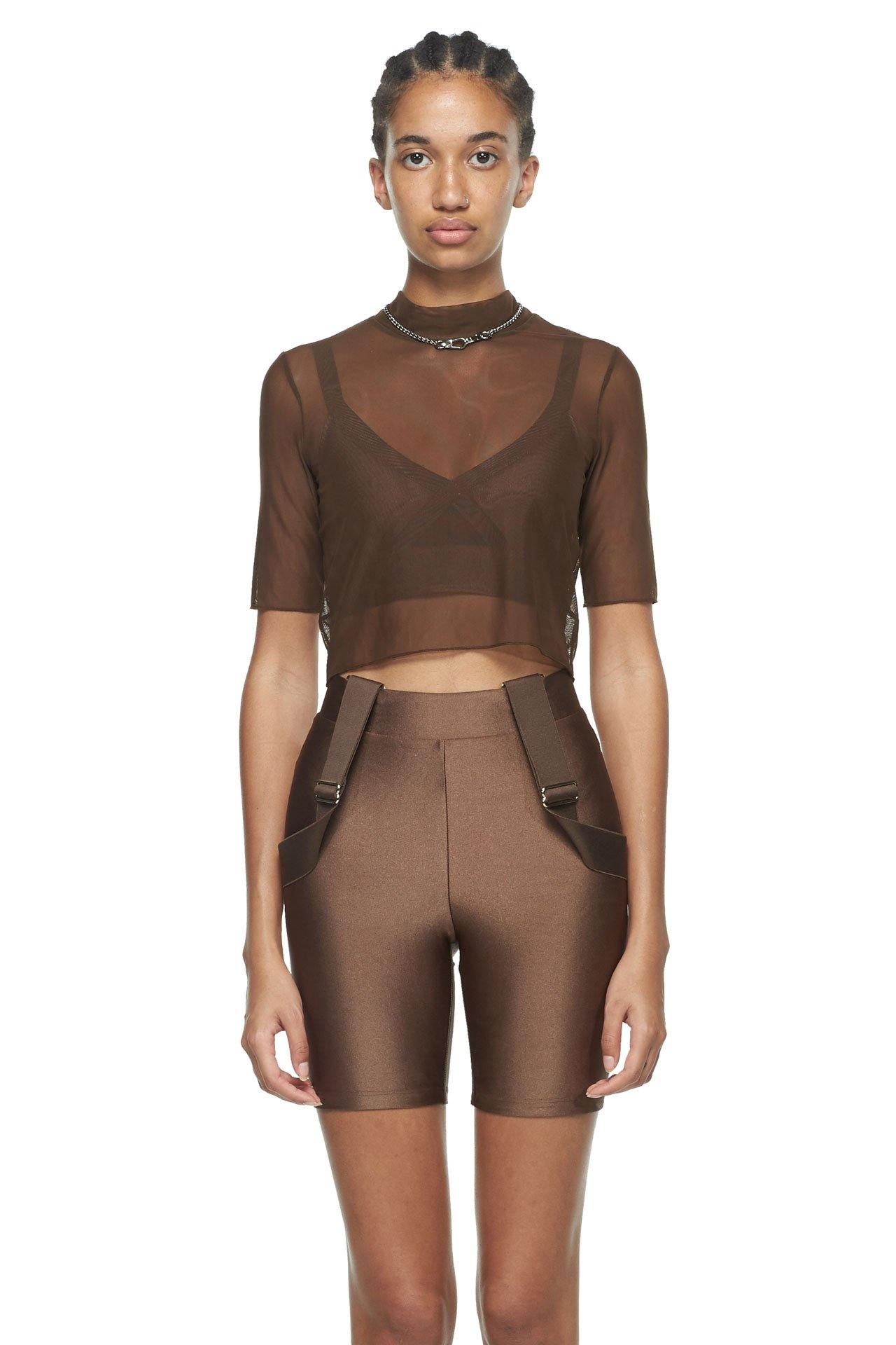 Chocolate Cropped Fitted Mesh Top - New York Pilates