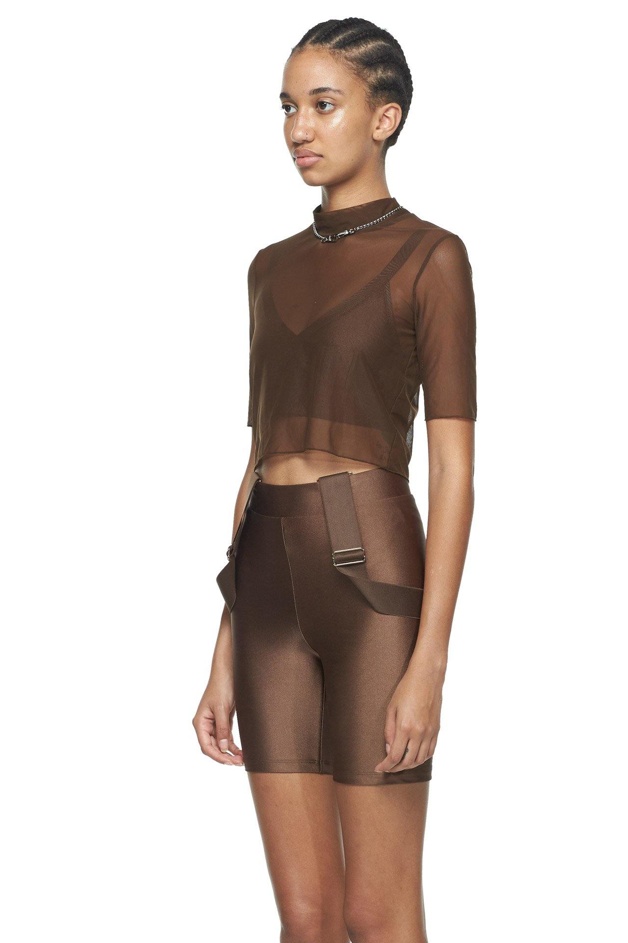 Chocolate Cropped Fitted Mesh Top - New York Pilates